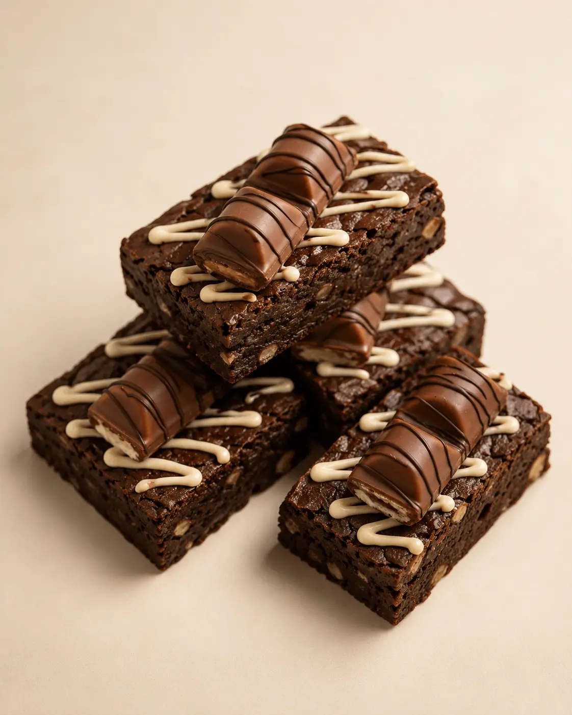 Stack of rich chocolate brownies topped with chocolate pieces